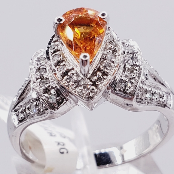 14k Solid White Gold Pear Shaped Orange Spessartite Garnet & Diamond Halo Ring - Picture 4 of 9